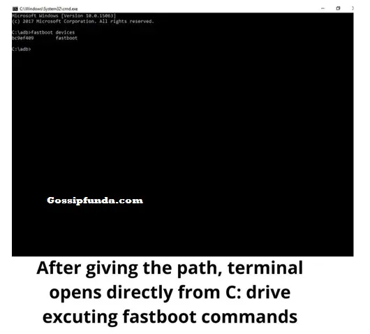 After giving the path terminal opens directly from c drive executing fastboot commands
