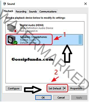 select Speakers/Headphones and click on Set Default
