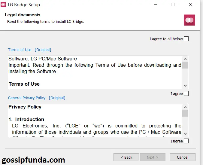 Accepting Privacy policy of LG Bridge