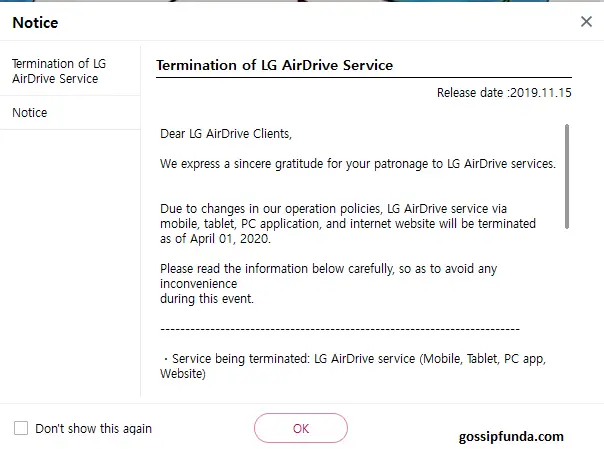 Termination of AirDrive