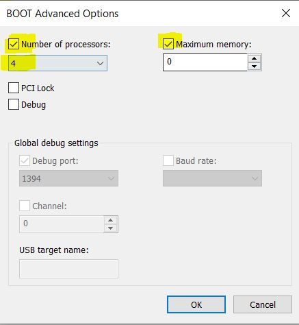  increase your processor count and for RAM checkmark for the maximum memory