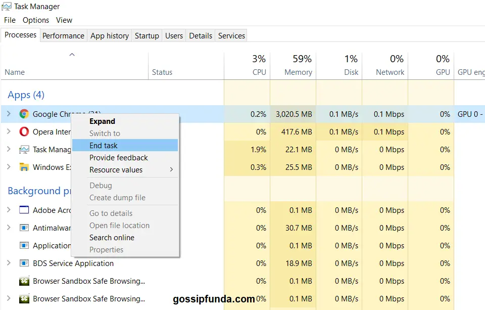 End Process or end task  in task manager