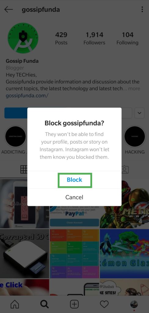 Confirm that you want to block the person