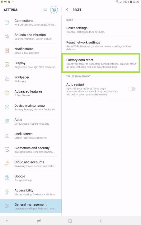 How to factory data reset in Samsung tablet?