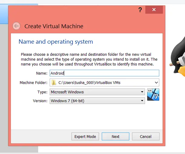 enter the virtual machine specifications