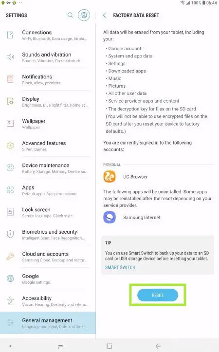 How to reset a Samsung tablet?