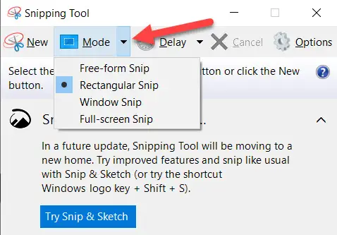 Mode in snipping tool