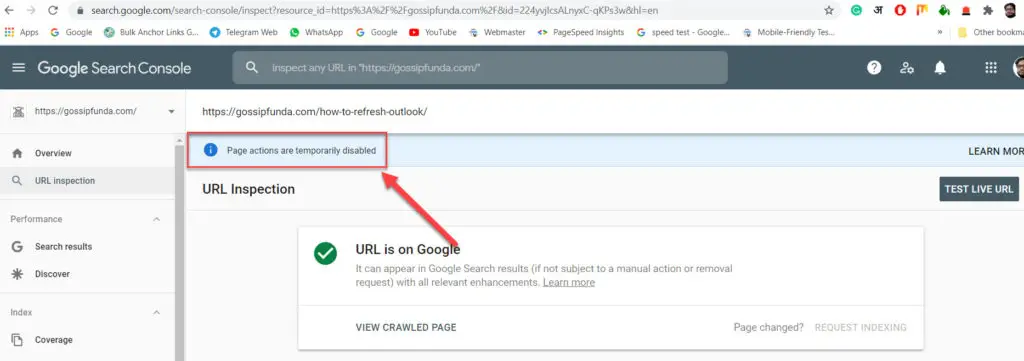 Page actions are temporarily disabled how to index URL fast