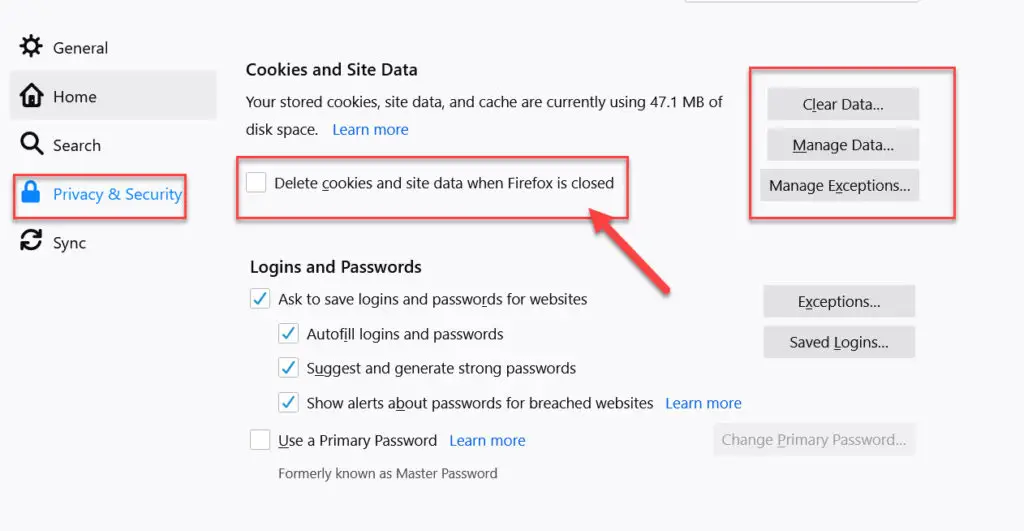 delete cookies and site data when Firefox is closed