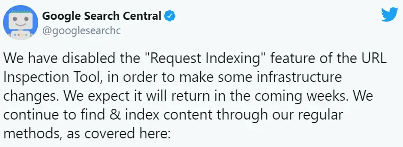 Google webmaster's Twitter handle disabled request indexing