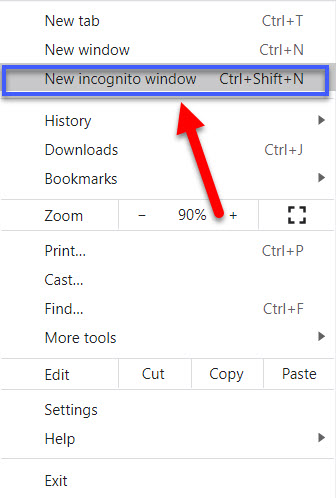 Incognito window to see the Gmail Error 102 is present or not