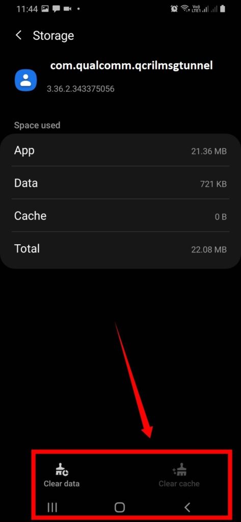 cache and clear data for com.qualcomm.qcrilmsgtunnel