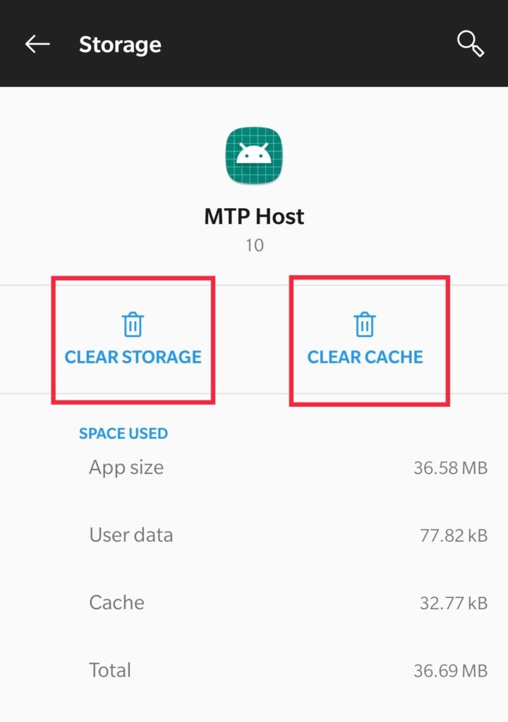  “Clear Cache” and “Clear data” of com.samsung.android.mtpapplication