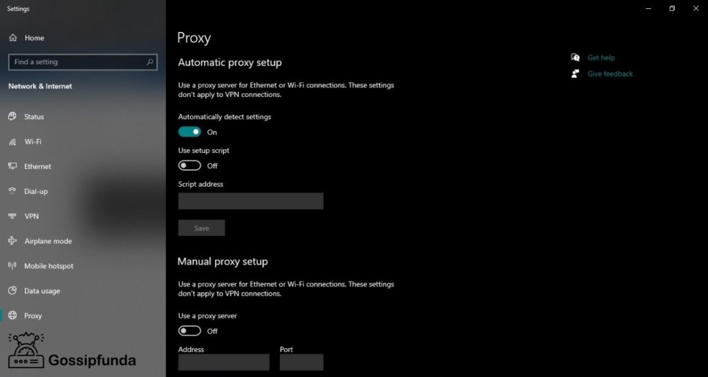 Check for proxy settings