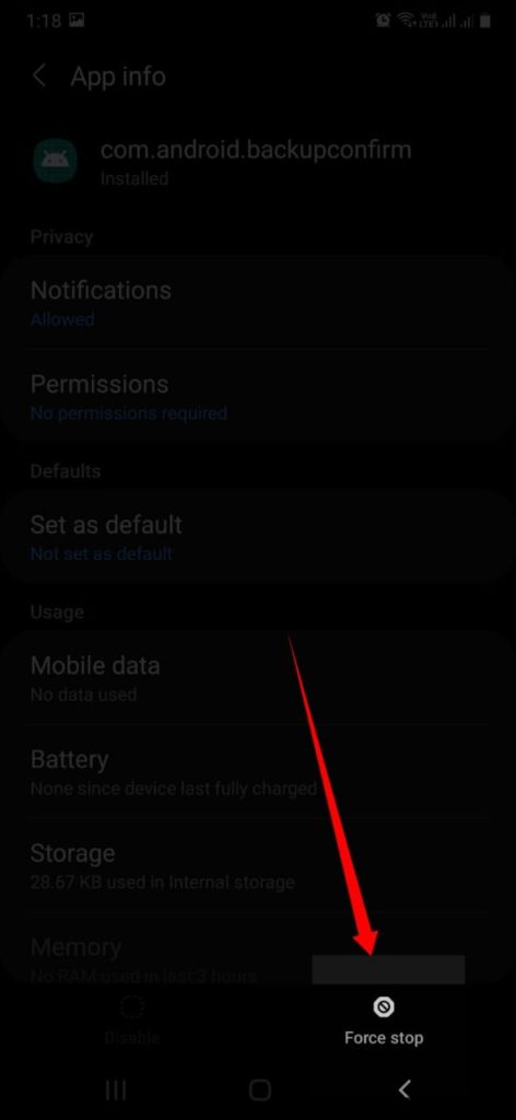 force stopped the app com.android.backupconfirm