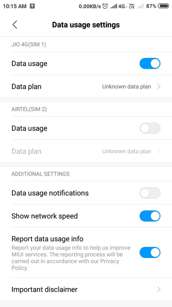 data usage settings