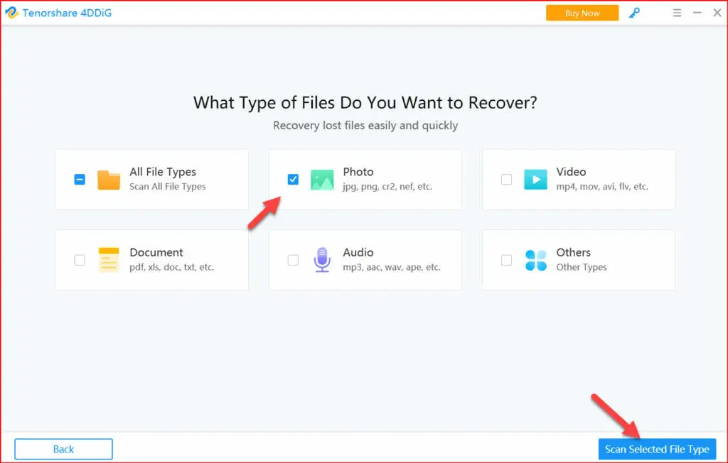 select from the different types of files to Recover Deleted/Formatted/Lost Files on Windows 10