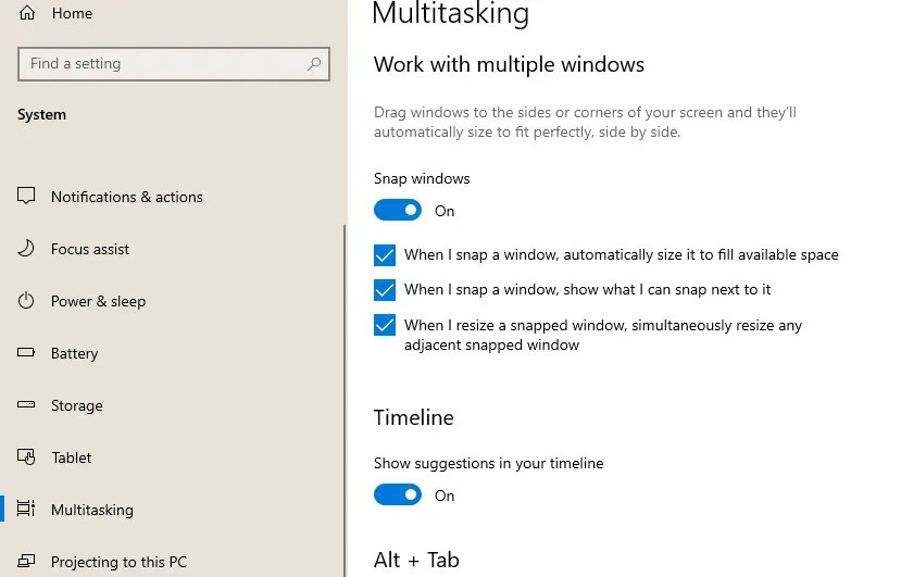 Windows Multitasking settings