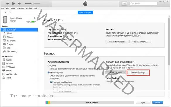 iTunes on your computer, and then click on Restore Backup