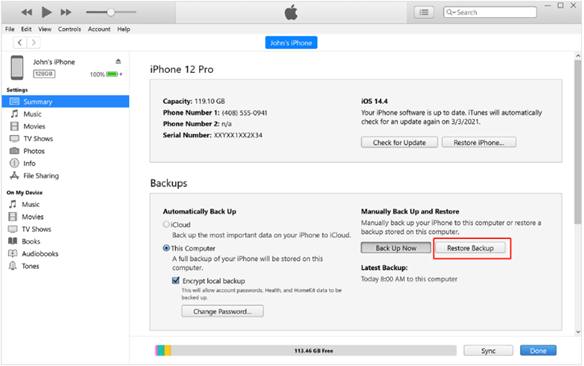 iTunes on your computer, and then click on Restore Backup