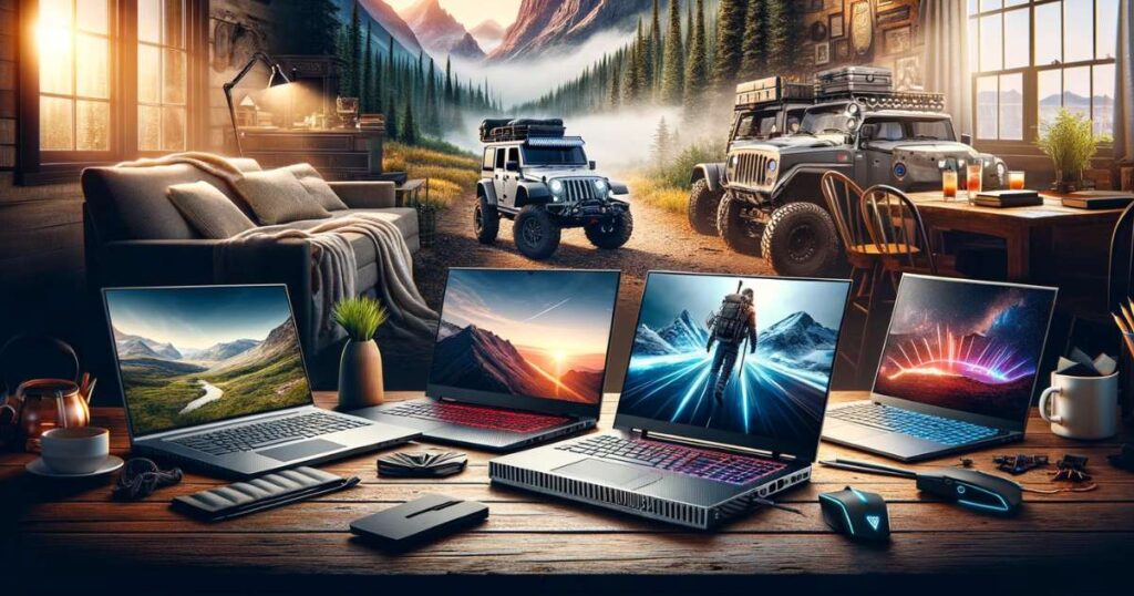 An image depicting four distinct lifestyles with corresponding laptops: a sleek, modern laptop in a home office for professionals; a rugged laptop on a wooden table against a mountainous backdrop for adventurers; a gaming laptop with LED lights and accessories in a dimly lit room for gamers; and a stylish, ultra-portable laptop at a café with a city view for travelers.