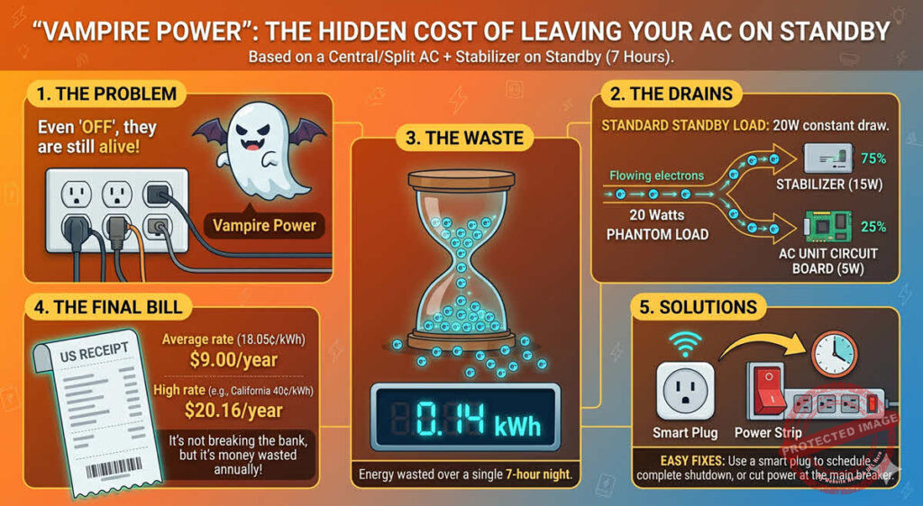Infographic showing electricity cost of AC stabilizer on standby in USA.