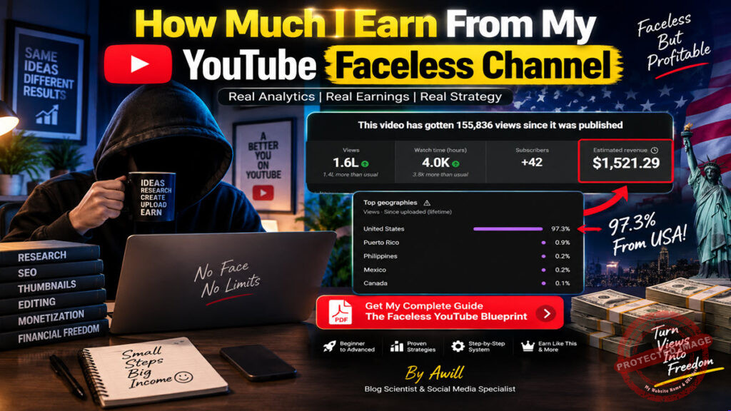 Current image: YouTube faceless channel earning $1,521 from 155,836 views with 97.3% US audience